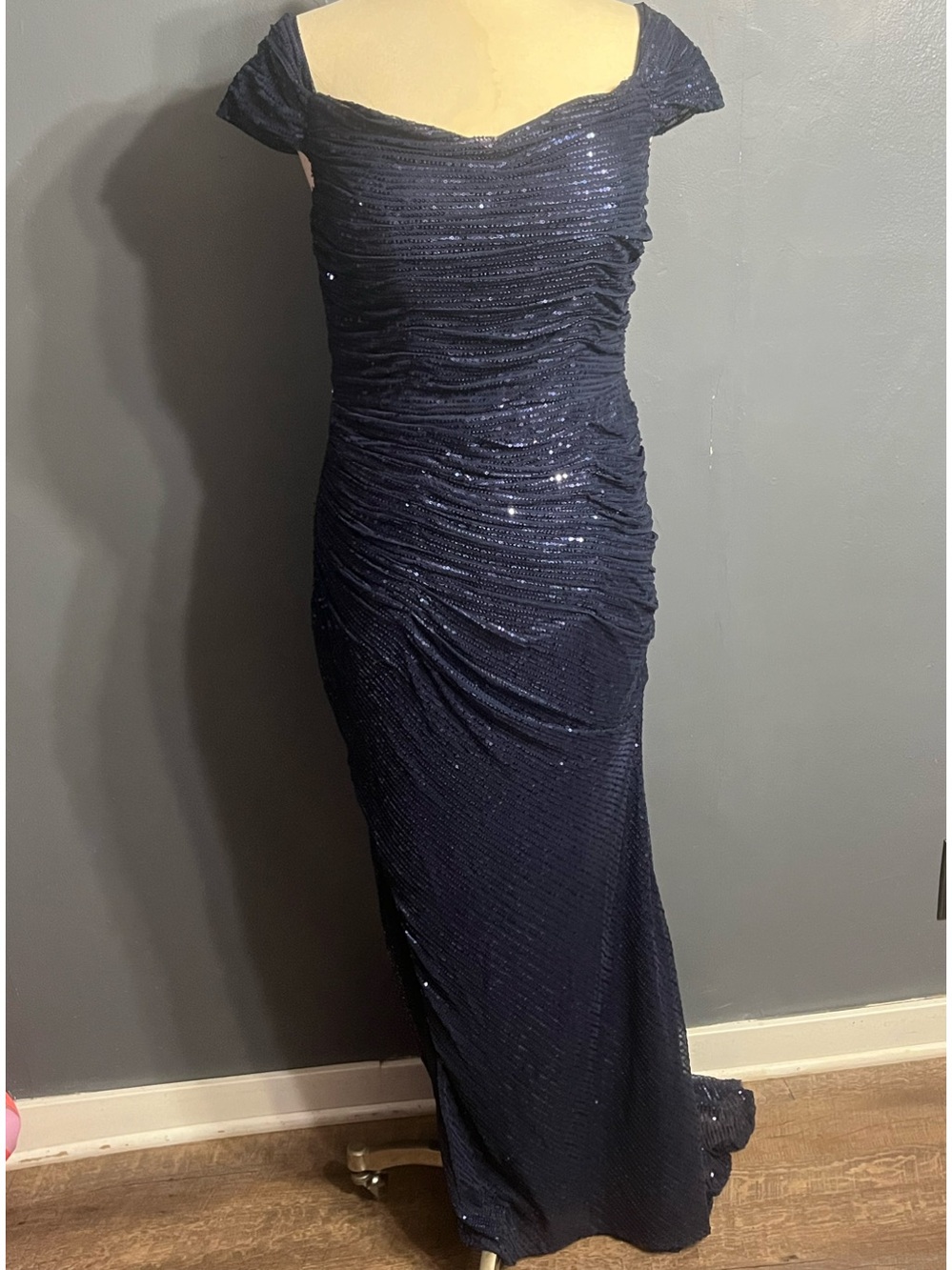 Navy Sequin Ruched Off-Shoulder Evening Gown size 8